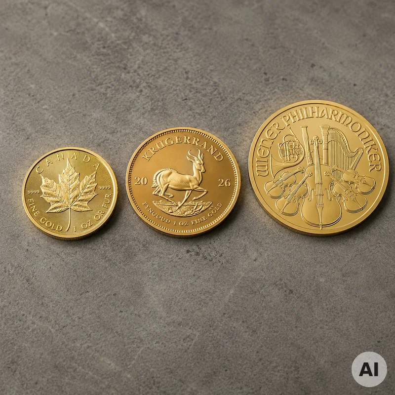 Verschieden große Ein-Unzen-Goldmünzen im direkten Größenvergleich auf neutraler Arbeitsfläche