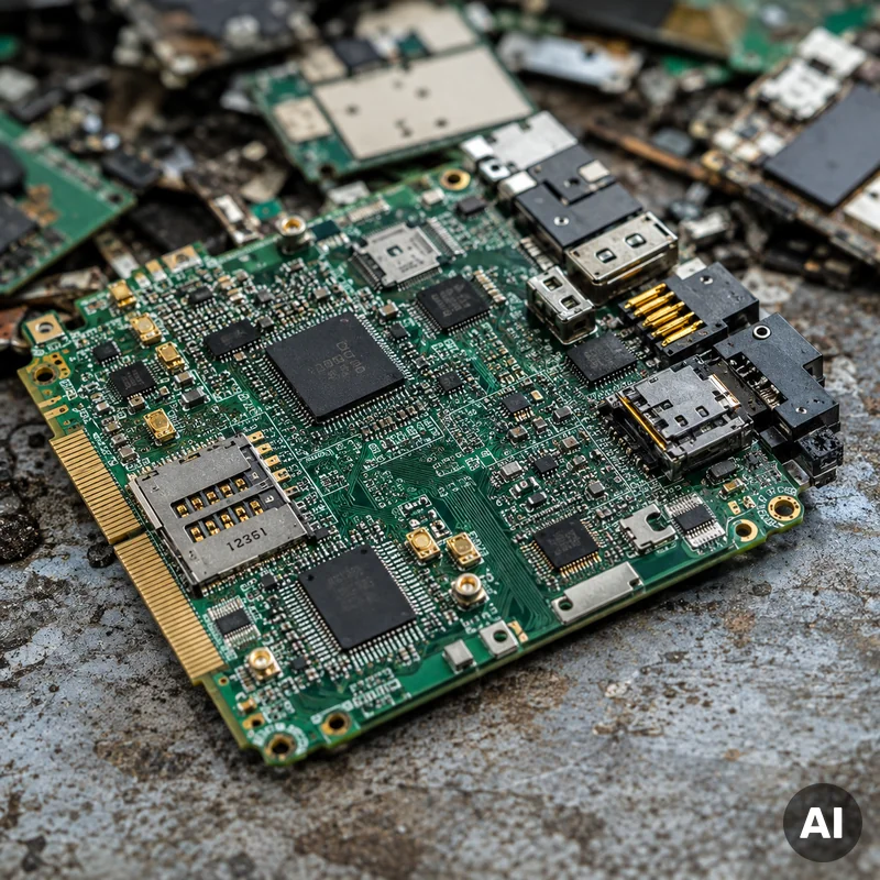Geöffnete Elektronikplatine mit vergoldeten Kontaktflächen und Bauteilen bei der Vorbereitung zum Edelmetallrecycling