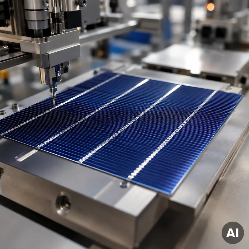 Silberhaltige Leiterbahnen auf modernen Solarzellen Nahaufnahme moderner Solarzellen mit feinen silberhaltigen Leiterbahnen in einer technischen Produktionsumgebung