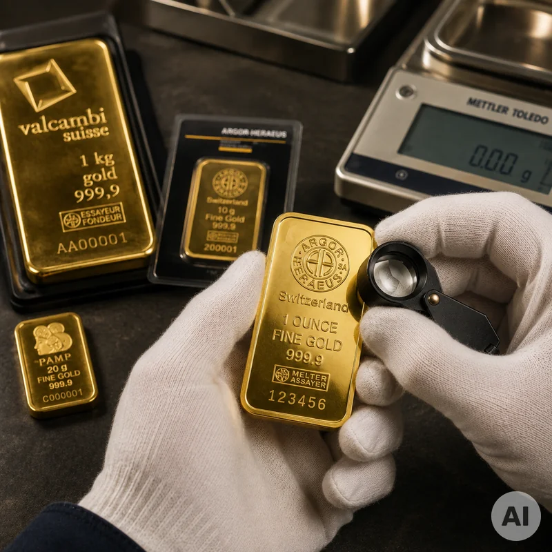 Qualitätsprüfung von Goldbarren eines etablierten Raffinerieherstellers Goldbarren unterschiedlicher Größen bei der sachlichen Qualitätskontrolle in einer Edelmetallumgebung