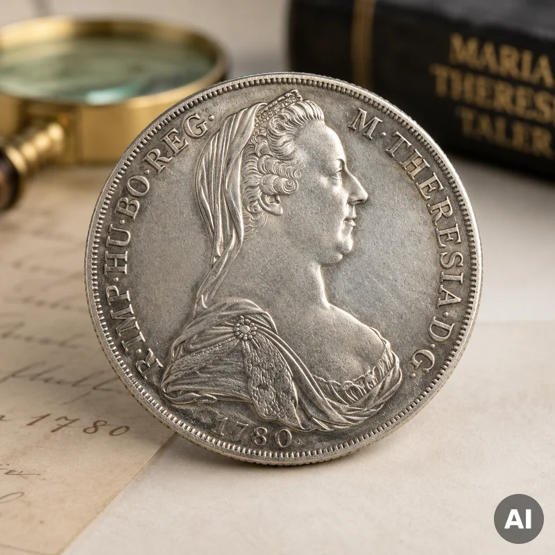 Maria-Theresien-Taler von 1780 bei einer sachlichen numismatischen Betrachtung auf heller Arbeitsfläche