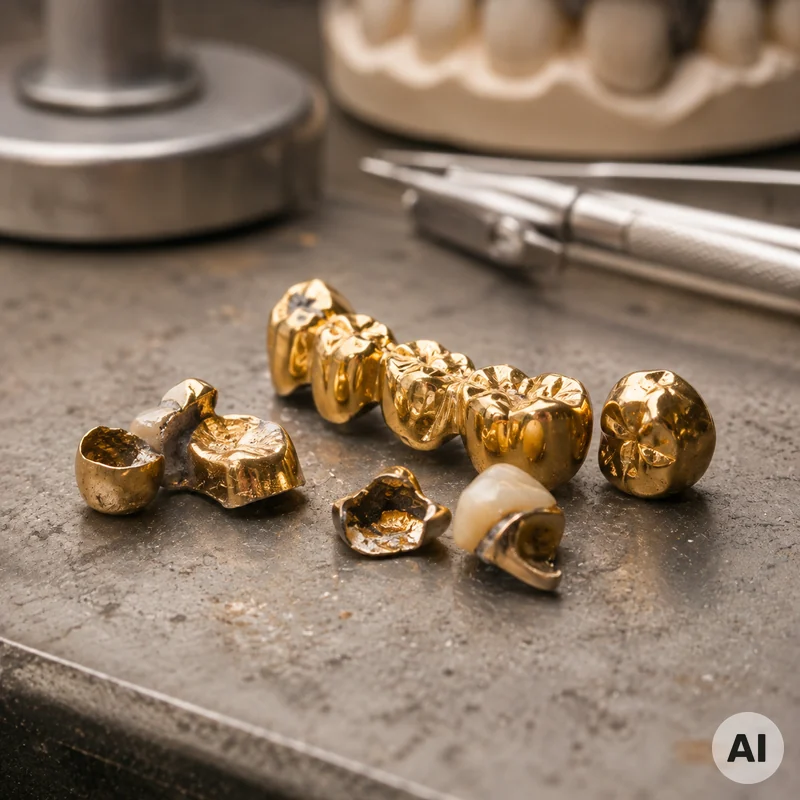 Ausgebauter goldfarbener Zahnersatz und verschiedene Dentallegierungen bei einer sachlichen Materialprüfung