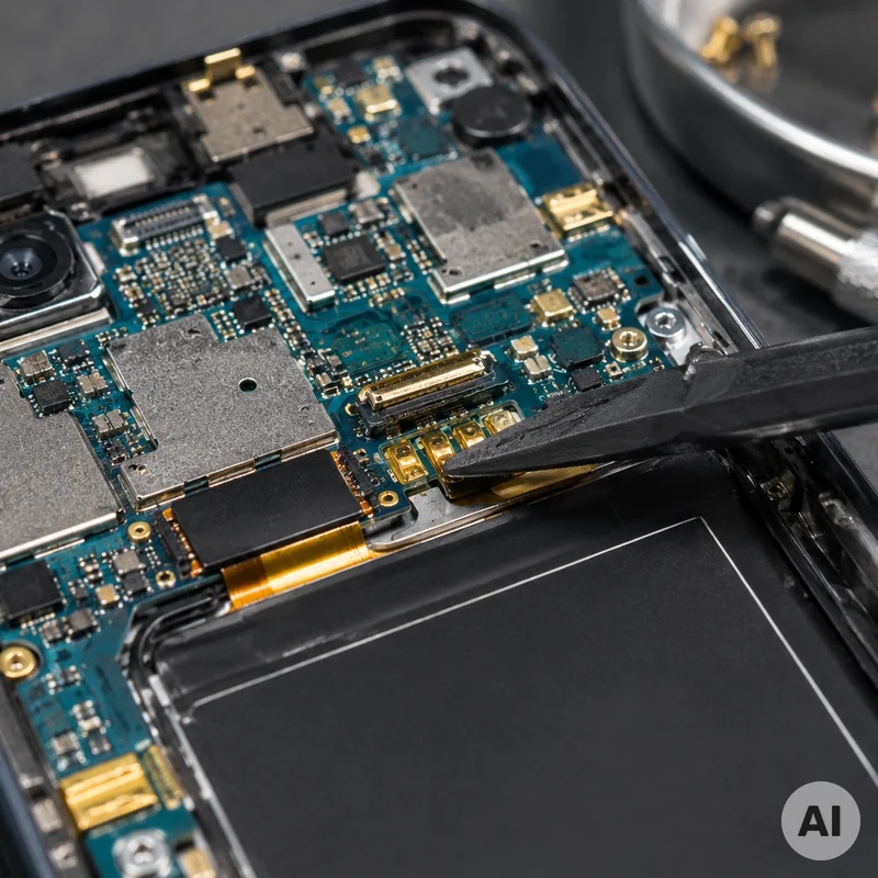 Geöffnetes Smartphone mit sichtbarer Leiterplatte und goldfarbenen Kontaktstellen bei einer sachlichen Materialbetrachtung