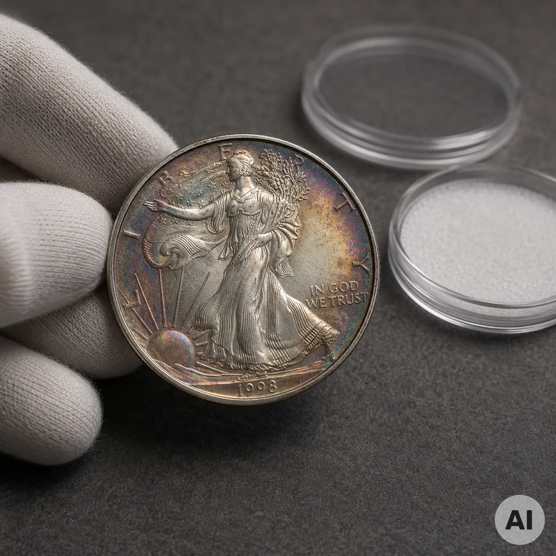 Natürlich angelaufene Silbermünze mit feinen farbigen Patinazonen bei sachlicher Begutachtung