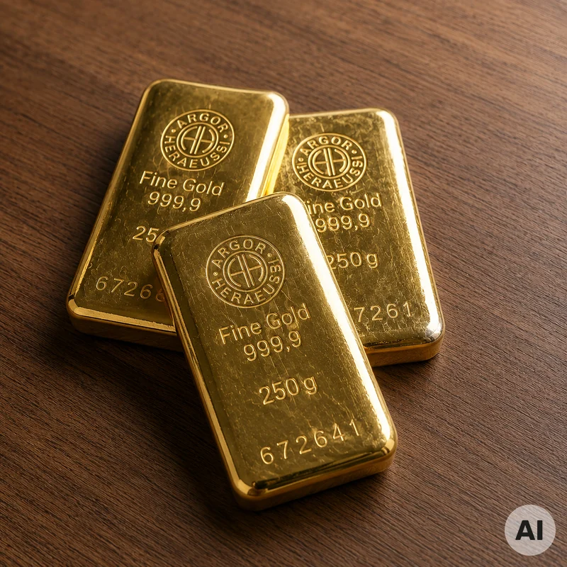 Realistische Goldbarren auf einem schlichten Schreibtisch in sachlicher Nahaufnahme ohne Hintergrunddekoration