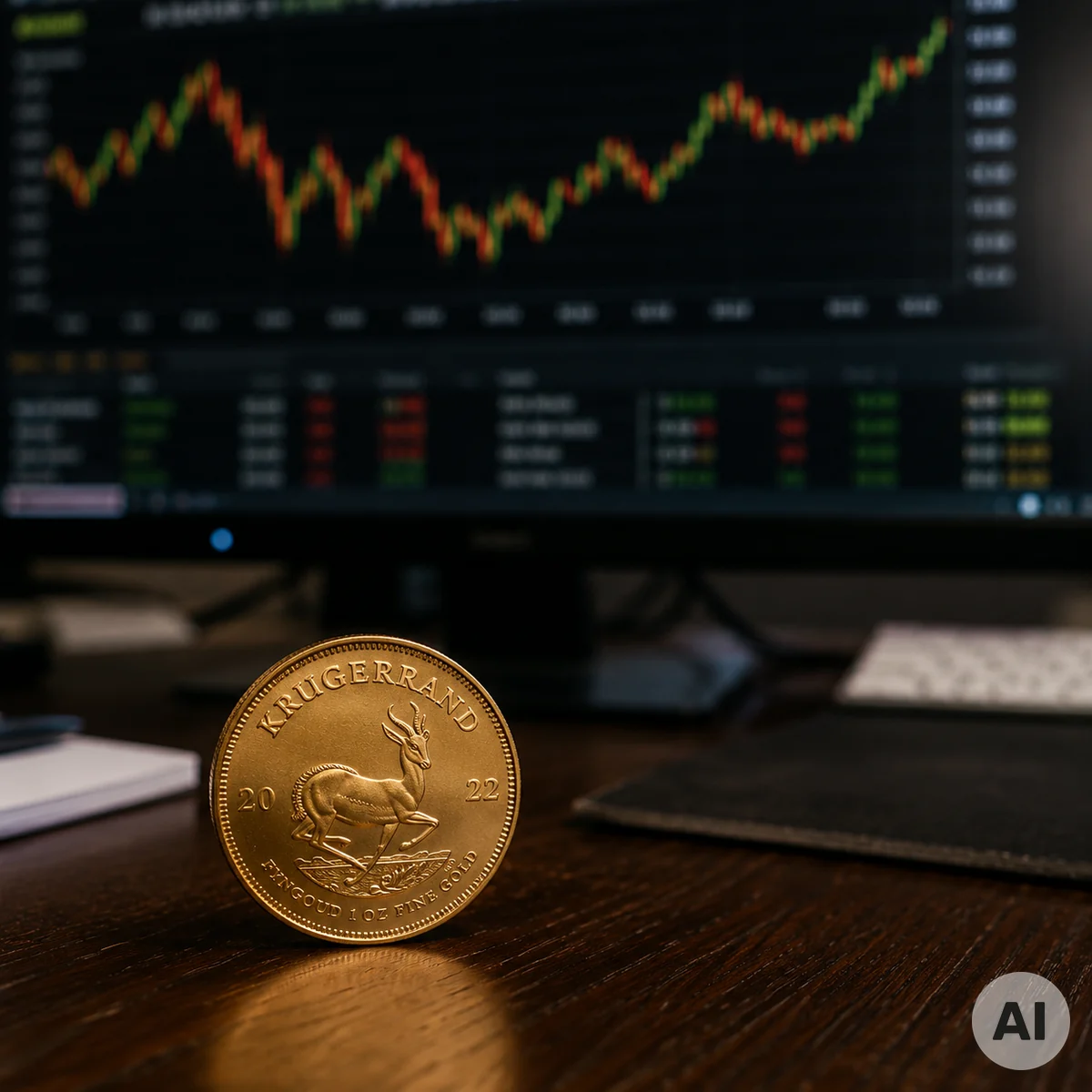 Redaktionelle Nahaufnahme des Goldhandels mit Münzen und aktuellen Marktunterlagen in einer sachlichen Börsenumgebung
