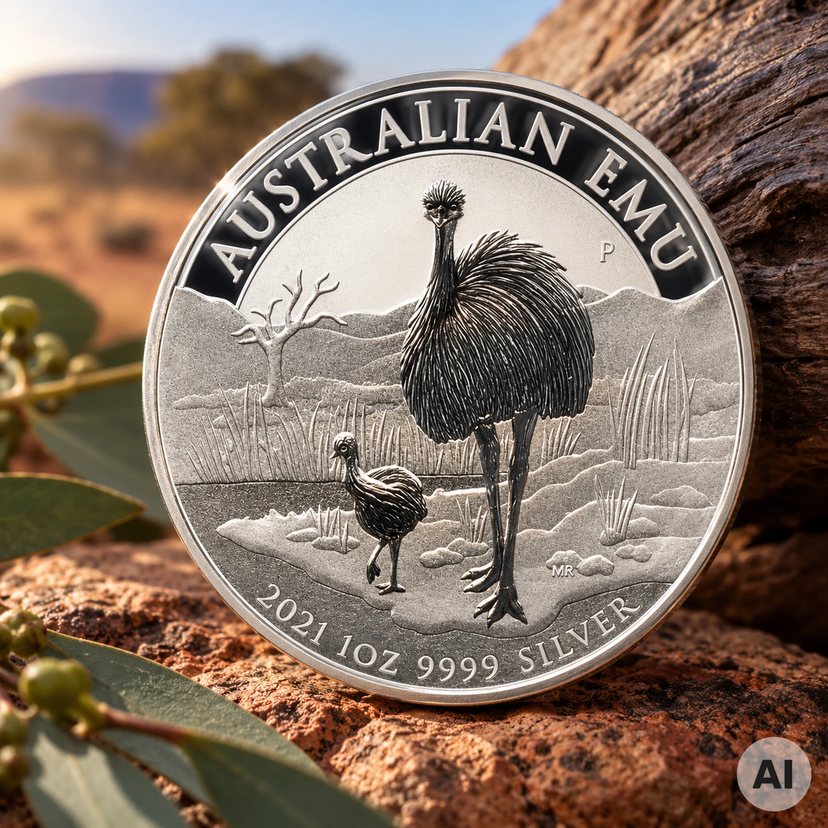 1 oz Silber Australian Emu 2021 der Perth Mint mit erwachsenem Emu und Jungtier