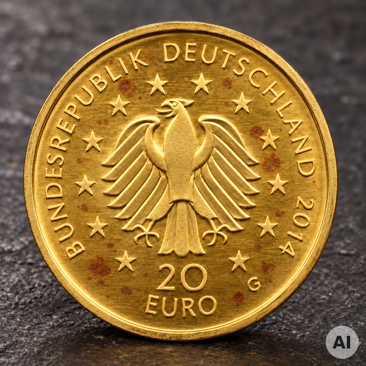 Goldmünze mit deutlich sichtbaren rötlichen Flecken auf der Goldoberfläche