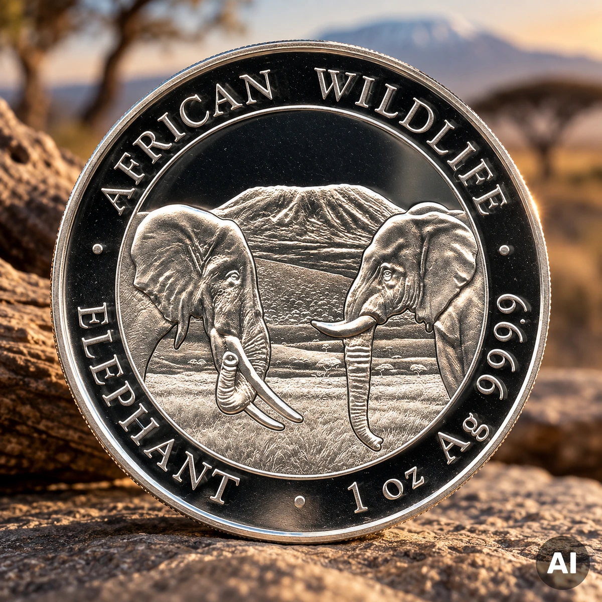 1 oz Somalia Elefant Silber 2020 mit zwei Elefanten vor dem Kilimandscharo