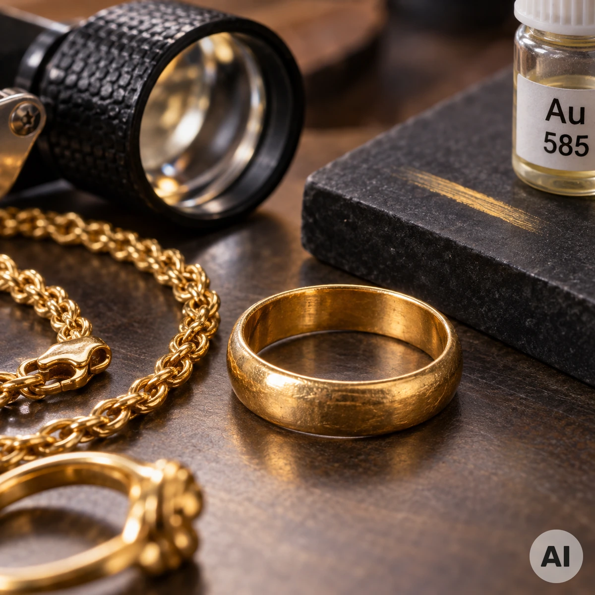 Goldschmuck ohne sichtbare Punze bei der Prüfung auf Echtheit und Goldgehalt Goldschmuck ohne sichtbare Punze bei der Prüfung auf Echtheit und Goldgehalt