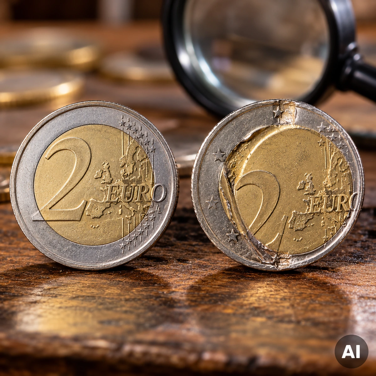 2-Euro-Fehlprägung im Vergleich mit einer normalen Euromünze