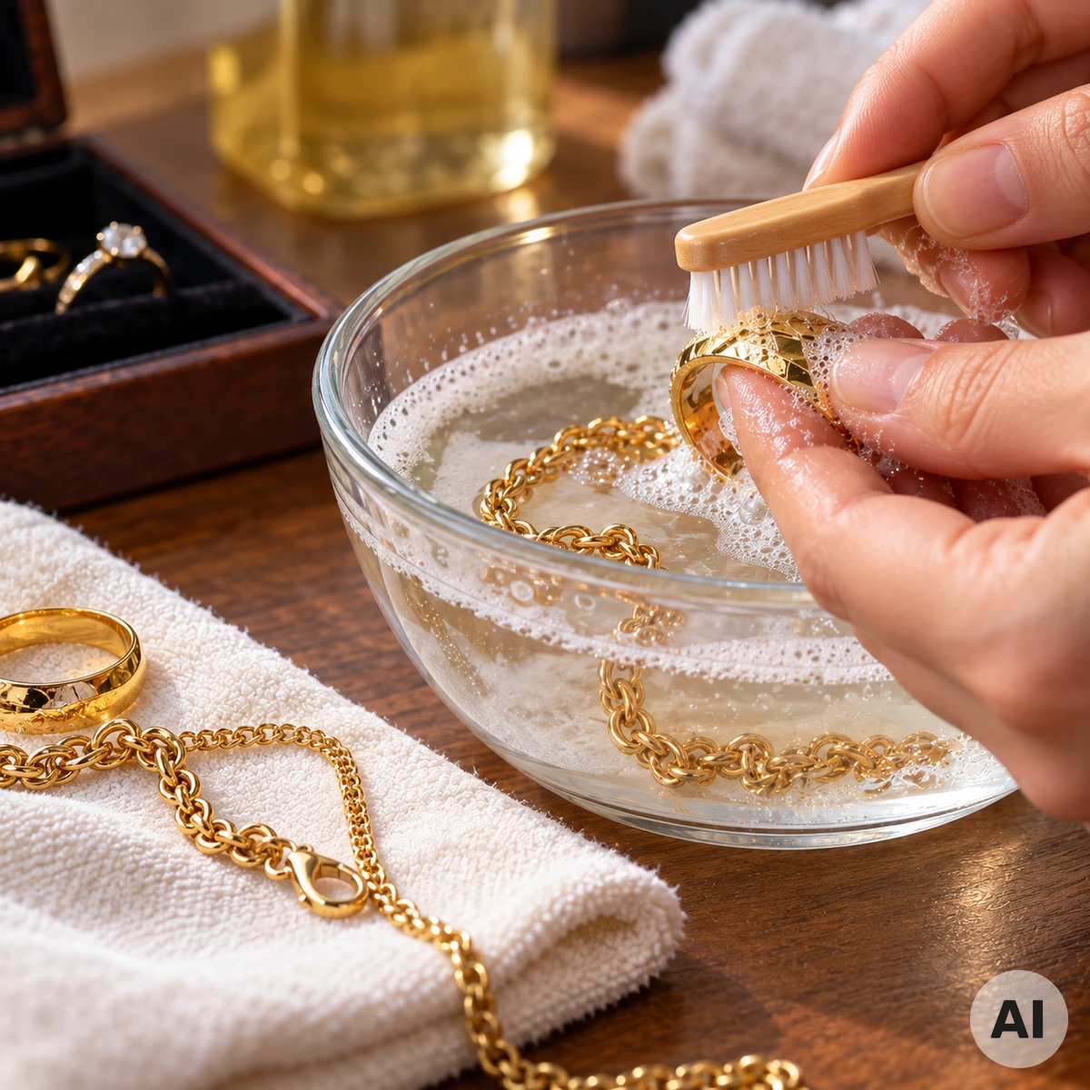 Goldschmuck wird mit weichem Tuch und milder Seifenlauge gereinigt
