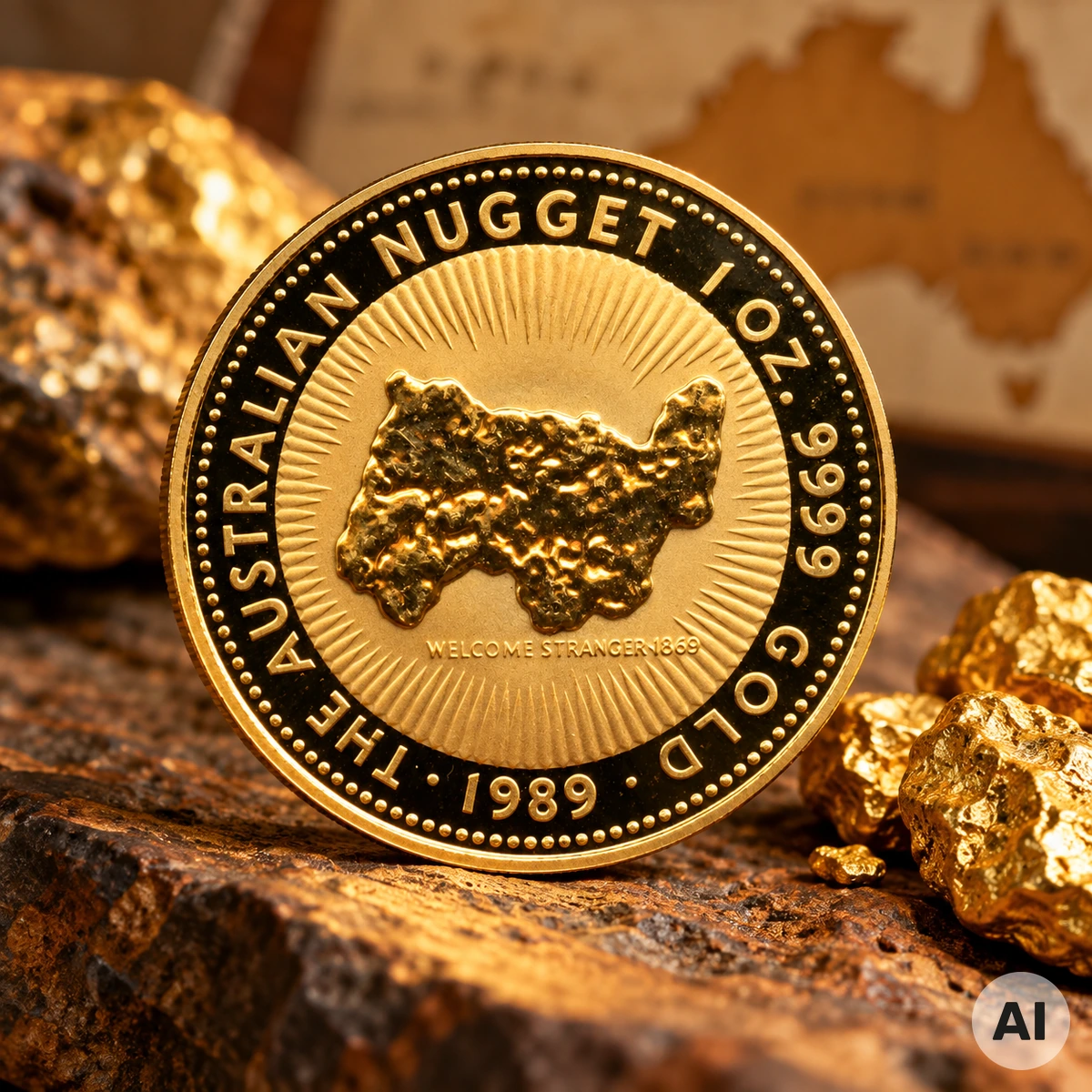 1 oz Australian Gold Nugget 1989 der Perth Mint 1 oz Australian Gold Nugget 1989 der Perth Mint mit Welcome-Stranger-Motiv