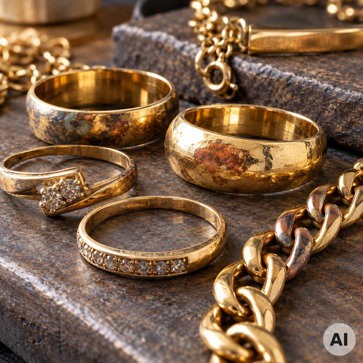 Feingoldbarren und Goldschmuck mit unterschiedlichen Oberflächen und Anlaufspuren