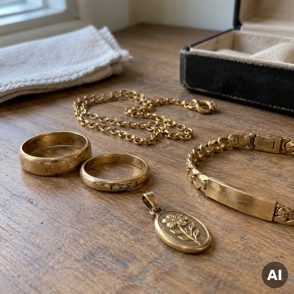 Geerbter Goldschmuck, Goldmünzen und kleine Goldbarren bei der fachgerechten Prüfung von Feingehalt und Wert