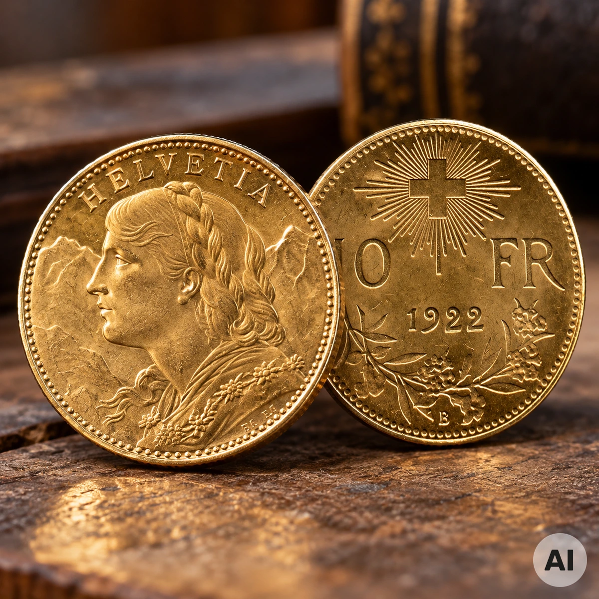 10 Franken Vreneli Goldmünze aus der Schweiz mit Helvetia-Porträt und historischem Prägebild