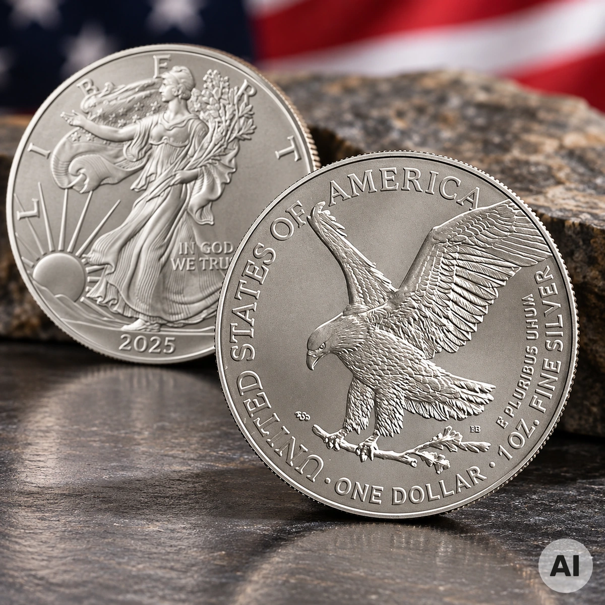 1 oz American Eagle Silber 2025 mit Walking Liberty und amerikanischem Adler als Münzmotiv
