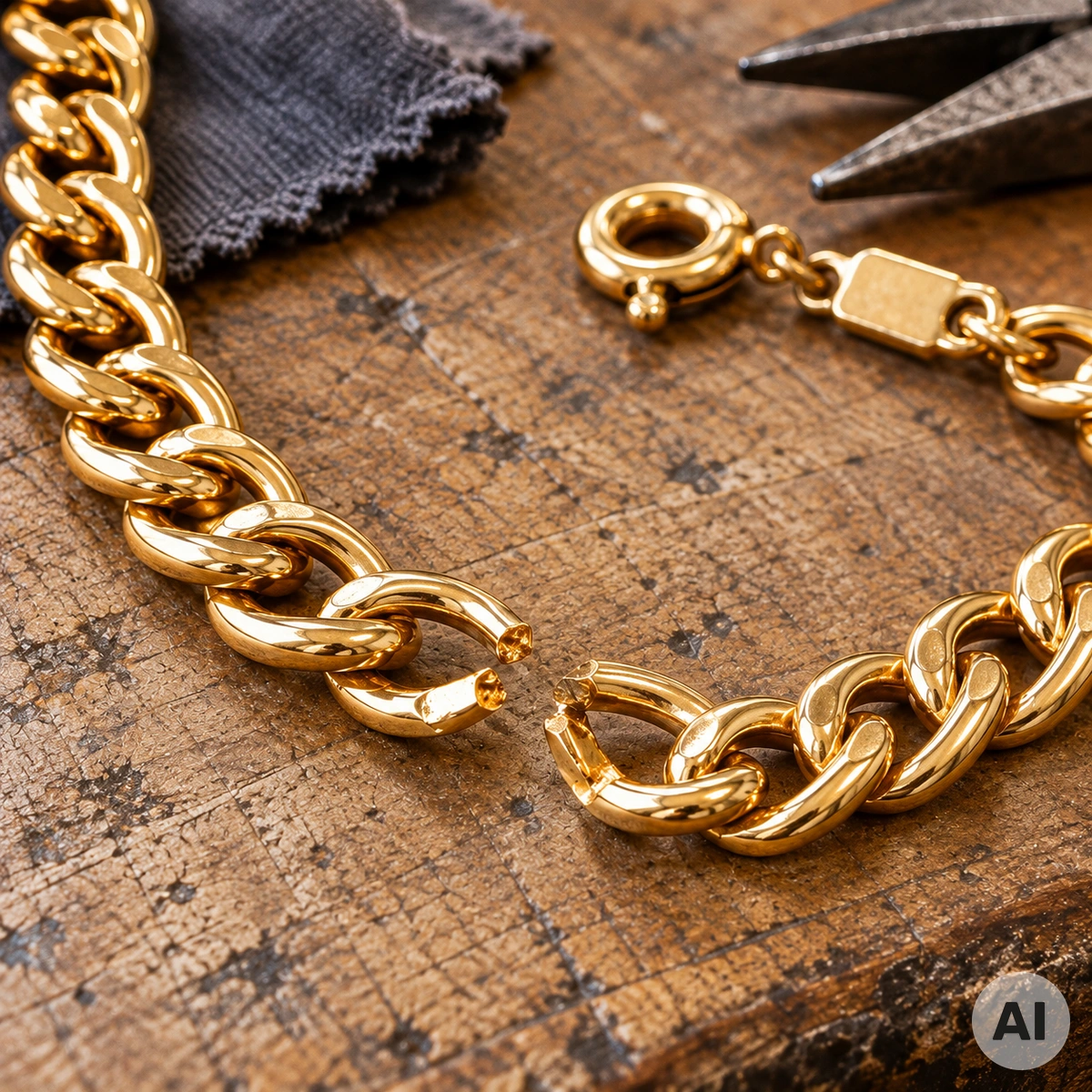 Gerissene Goldkette aus Gelbgold mit sichtbar getrennten Kettengliedern auf einer schlichten Werkbank