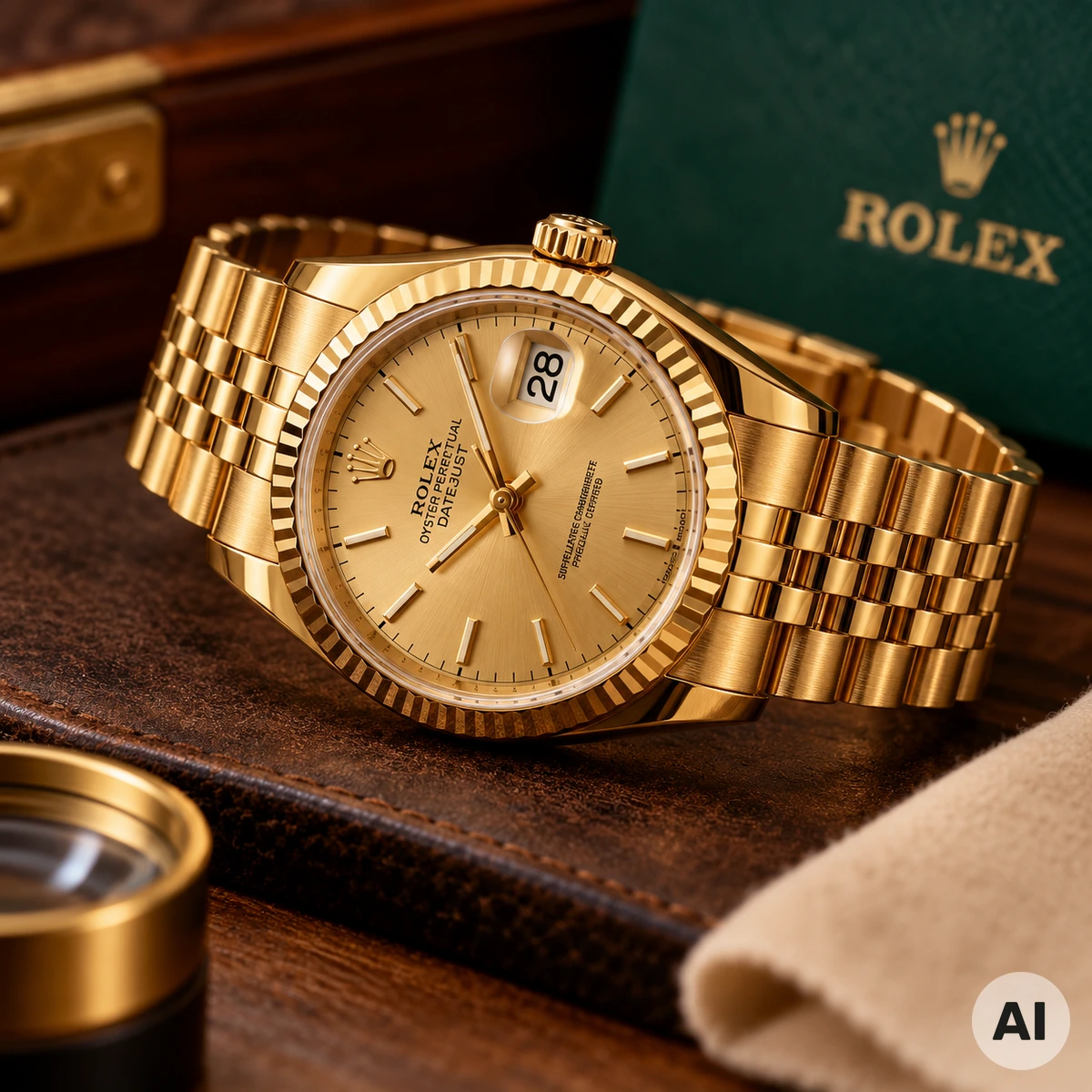 Historische goldene Taschenuhr mit geöffnetem Gehäuse und sichtbarem mechanischem Uhrwerk auf einer Werkbank