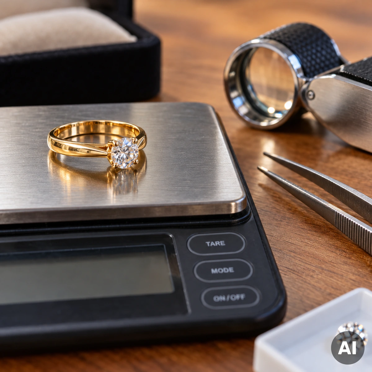 Gelbgoldring mit gefasstem Edelstein auf einer Schmuckwaage als Beispiel für die getrennte Bewertung von Gold und Stein