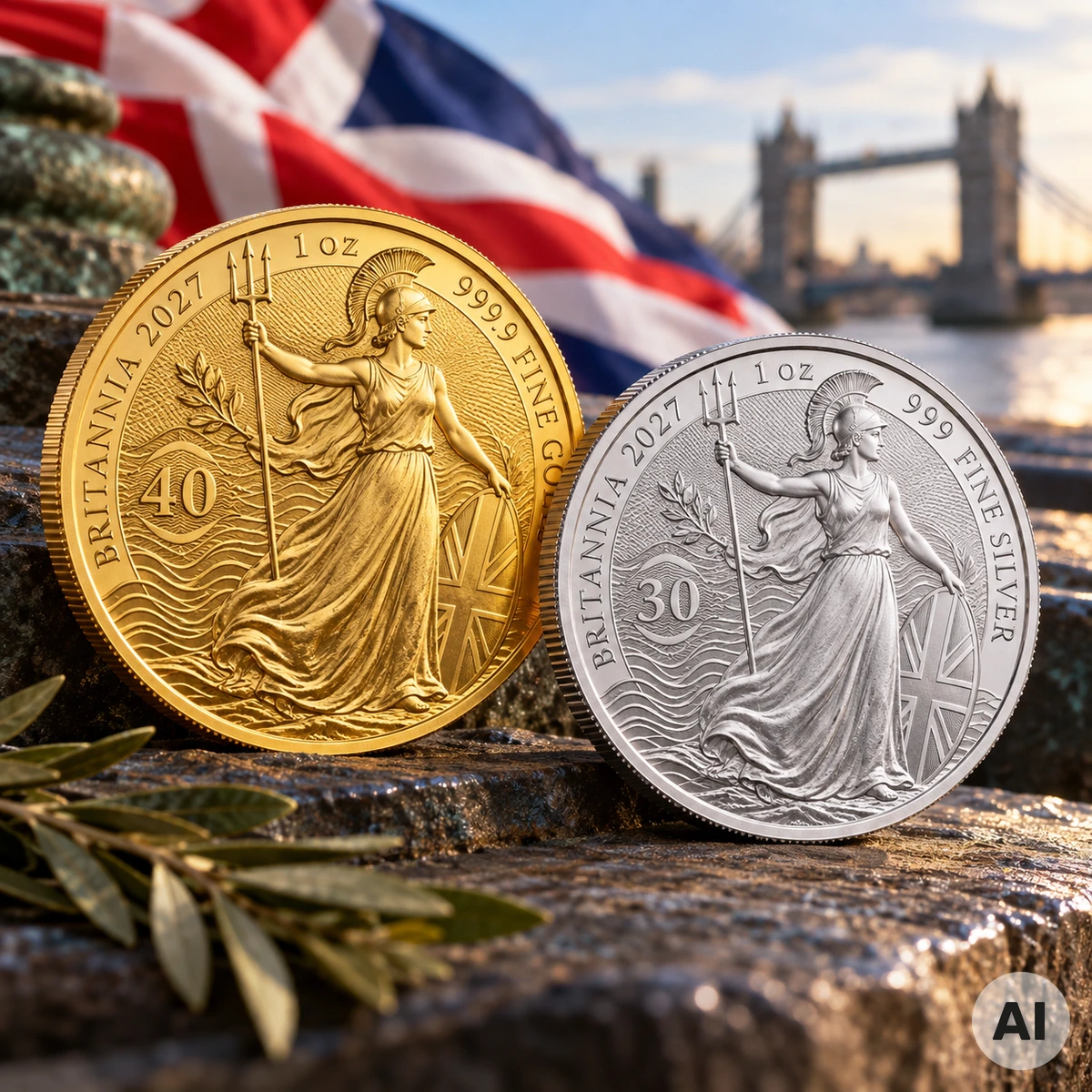Britannia 2027 Gold- und Silbermünzen zum 40-jährigen und 30-jährigen Jubiläum der Royal Mint mit Britannia-Motiv und besonderen Jubiläumsprägungen
