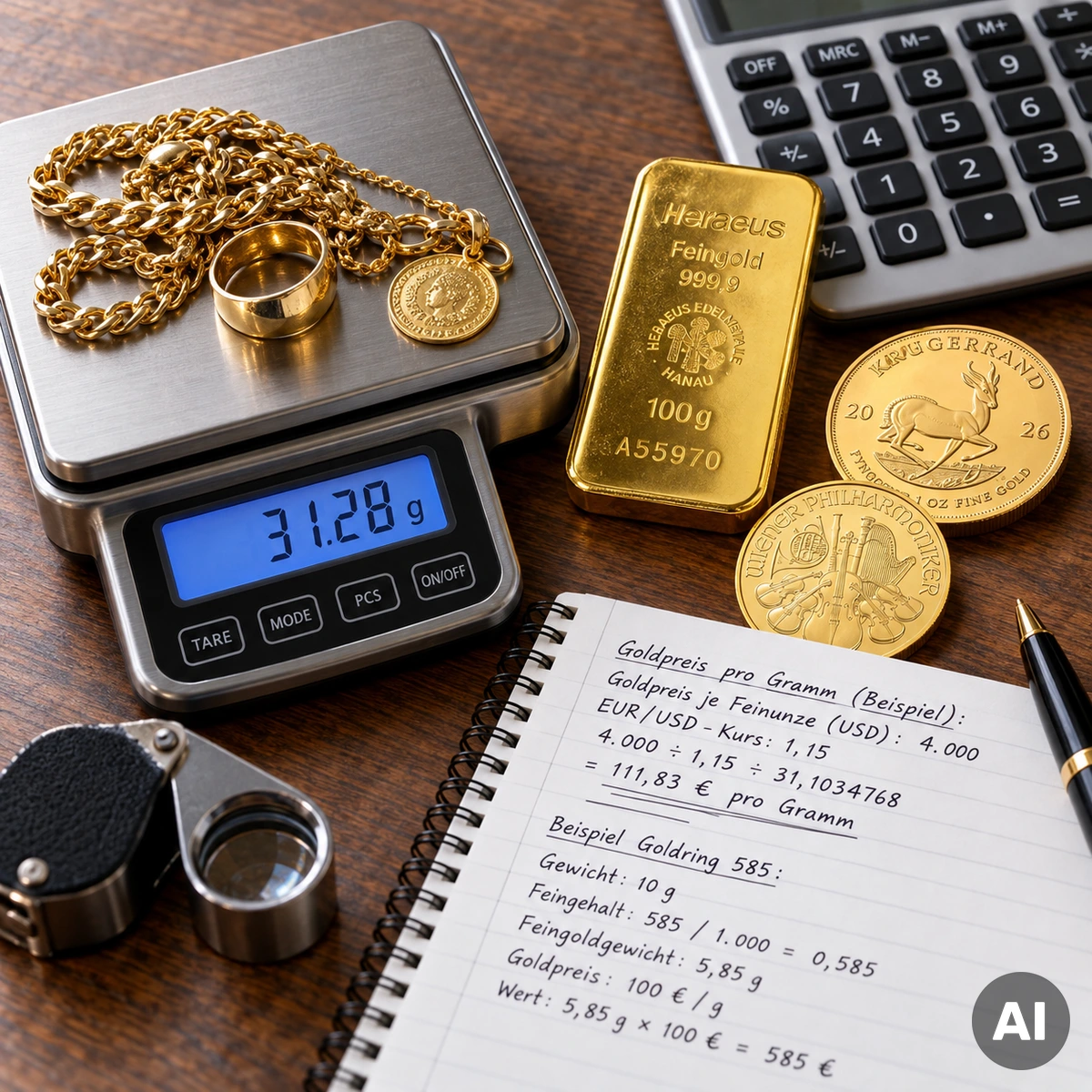 Goldschmuck und Goldbarren auf einer Feinwaage zur Berechnung des Goldpreises pro Gramm
