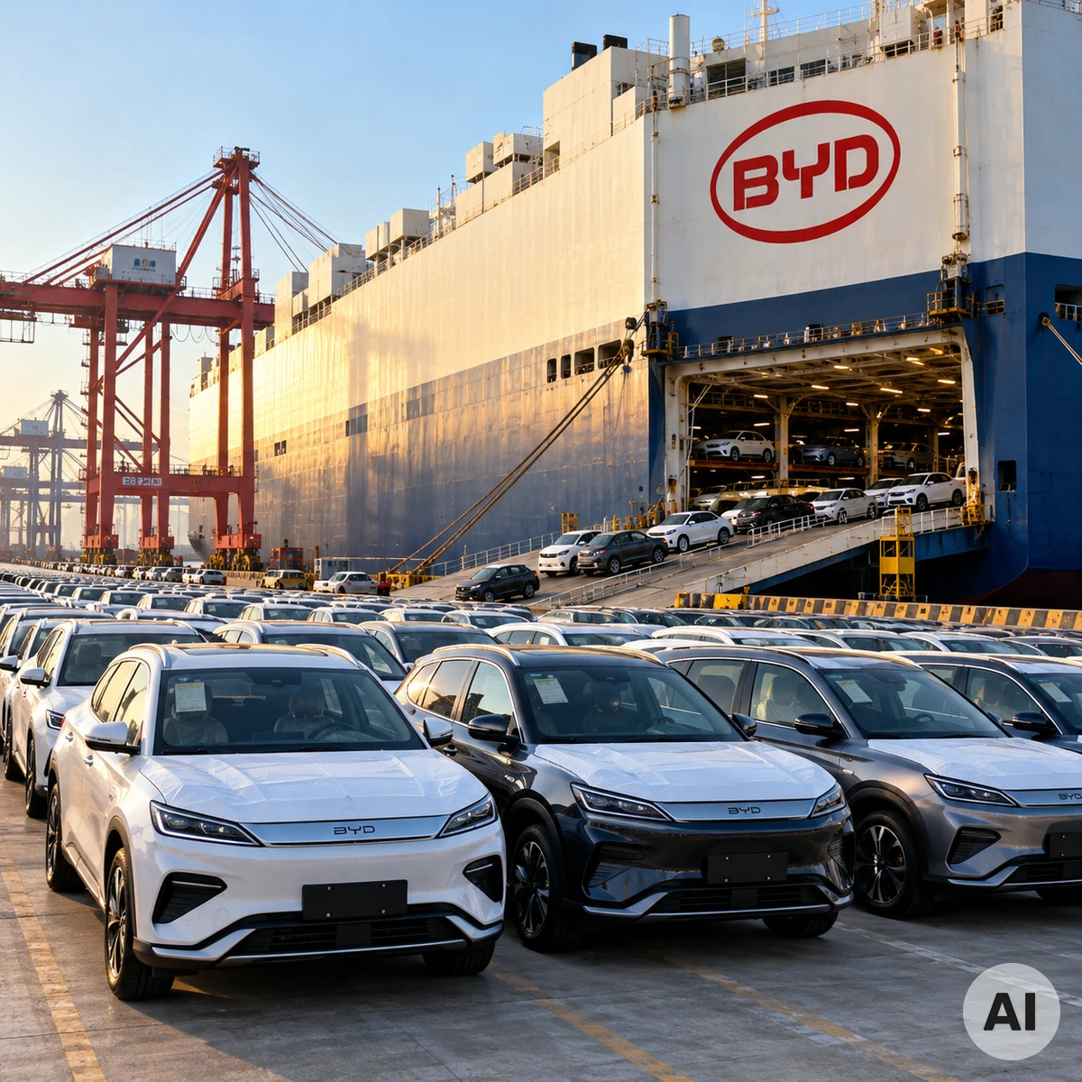 Chinesische Hybridautos in einem Exporthafen als Symbol für die Handelsvereinbarung zwischen China und der Europäischen Union