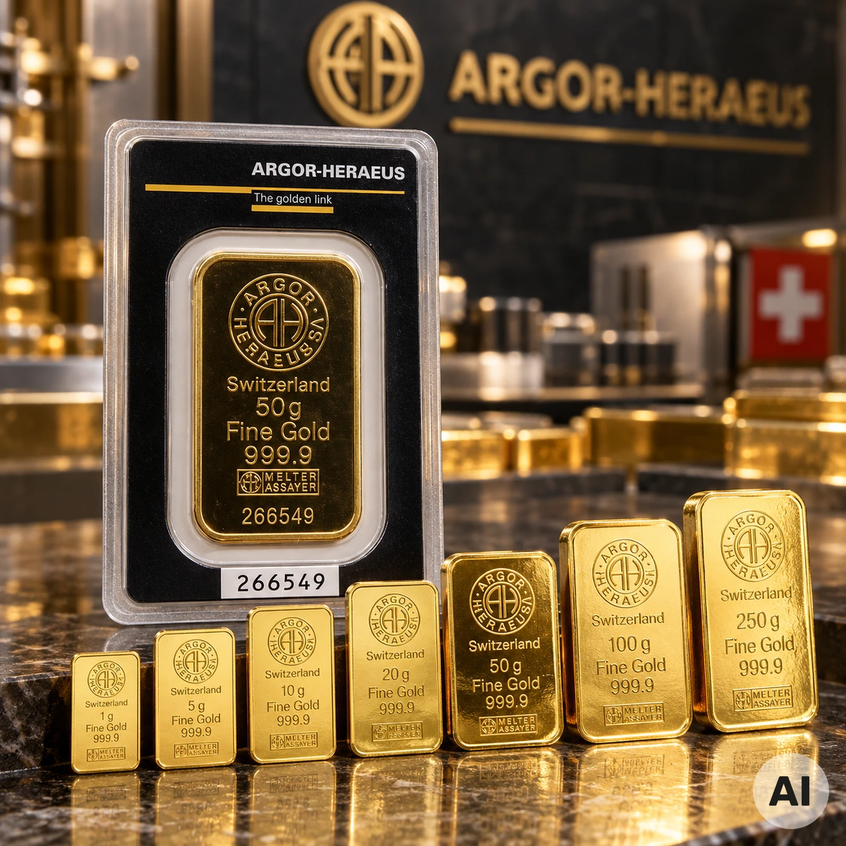 Argor-Heraeus Goldbarren in verschiedenen Gewichtsklassen mit 50-Gramm-Prägebarren in Originalverpackung