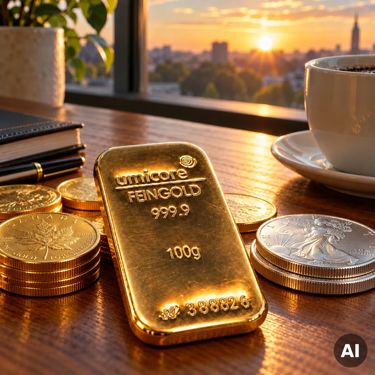 Goldbarren und Silbermünzen auf einem Handelstisch als Symbol für den Edelmetallmarkt am Morgen des 12. Oktober 2026