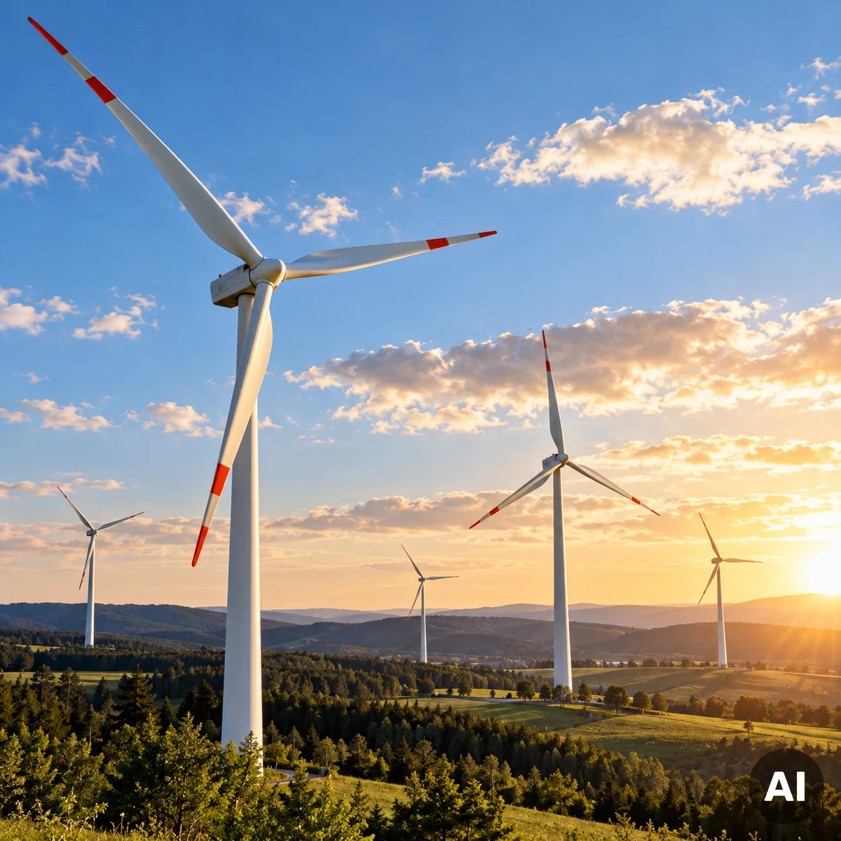 Moderne Windkraftanlagen auf einer grünen Landschaft als Symbol für den internationalen Auftragsboom des deutschen Herstellers Nordex