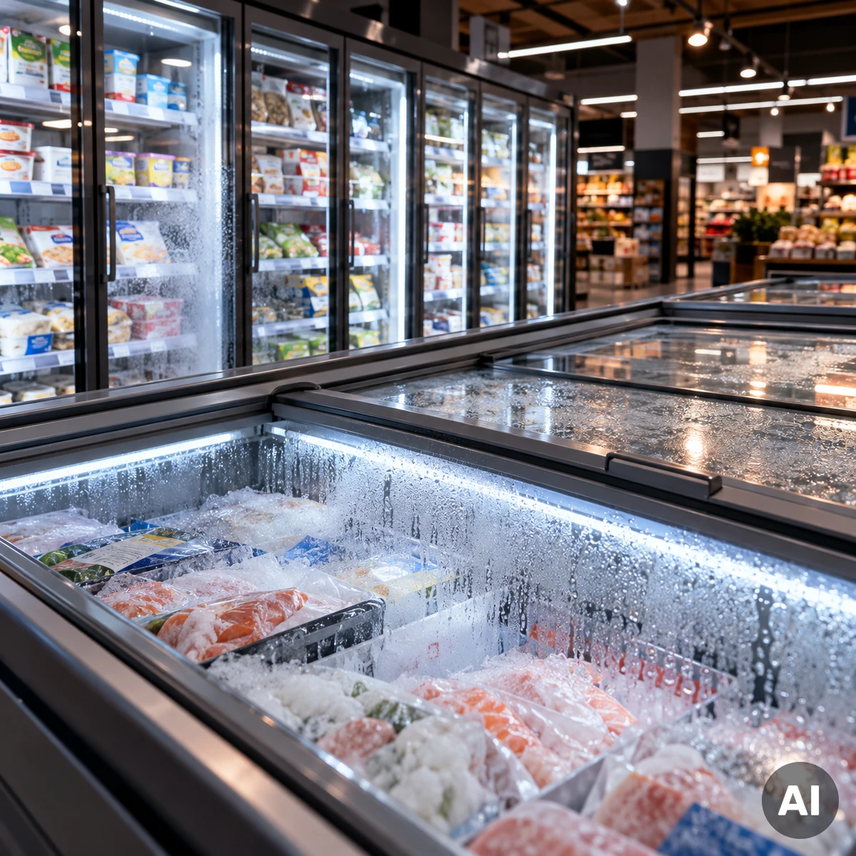 Cyberangriff auf Supermärkte – manipulierte Kühlanlagen und verdorbene Lebensmittel Vernetzte Kühl- und Gefrieranlagen in einem Supermarkt als Symbol für den Cyberangriff auf die Lebensmittelkühlung