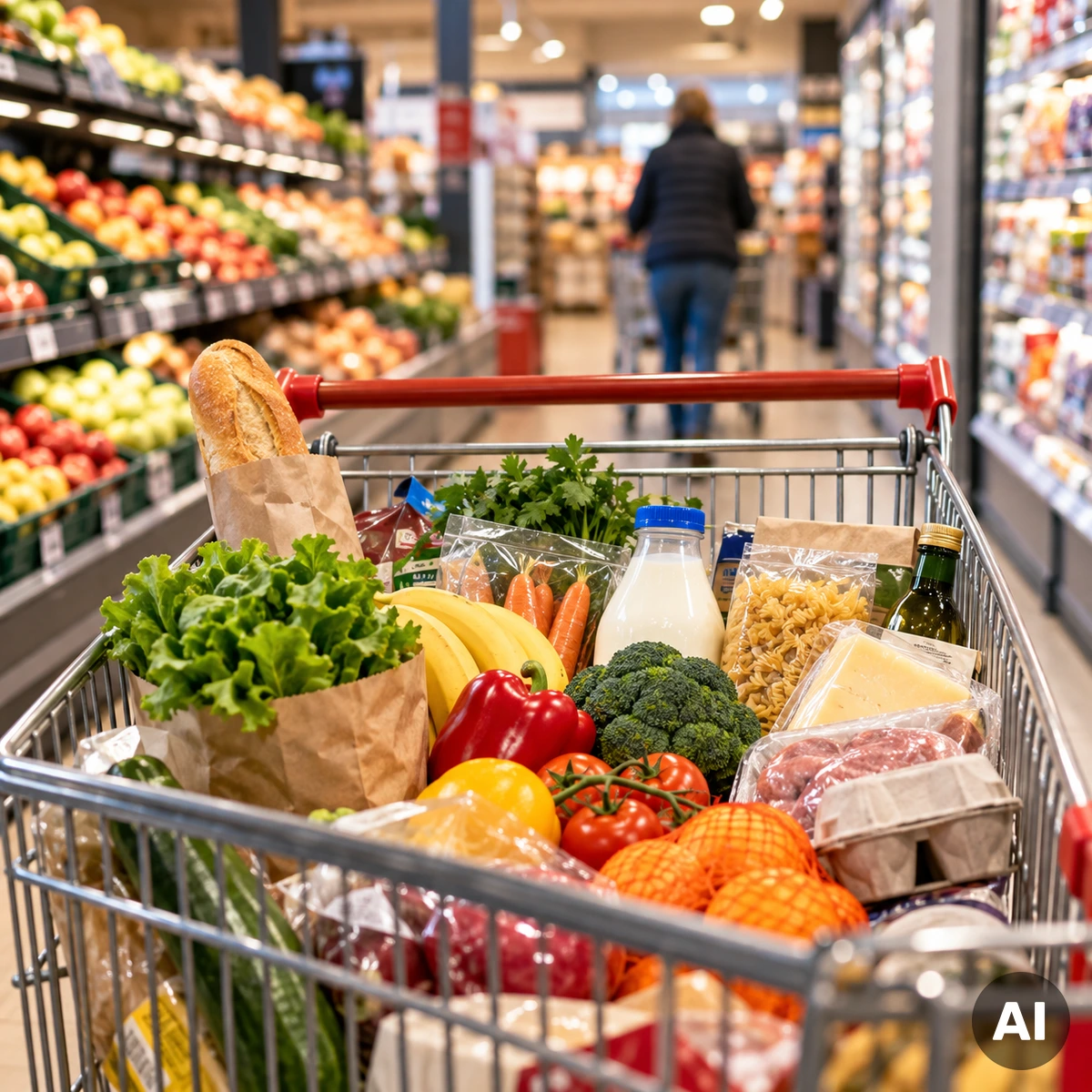 Einkaufswagen mit Lebensmitteln in einem deutschen Supermarkt als Symbol für die steigende Inflation und Verbraucherpreise