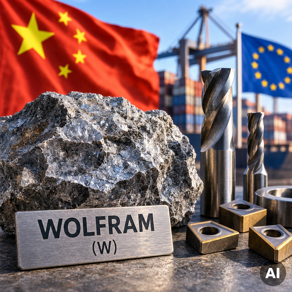 Wolframhaltiges Gestein und industrielle Hartmetallwerkzeuge als Symbol für den strategischen Rohstoff Wolfram