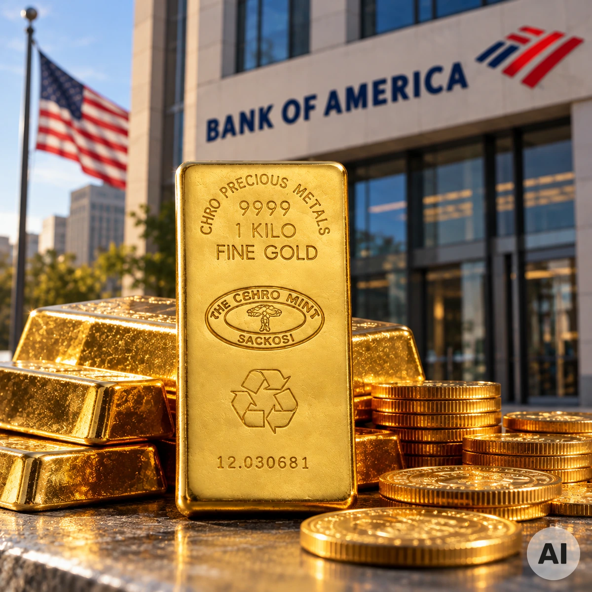Goldbarren und Goldmünzen als Symbol für die Warnung der Bank of America vor einem Goldpreis unter 4.000 US-Dollar