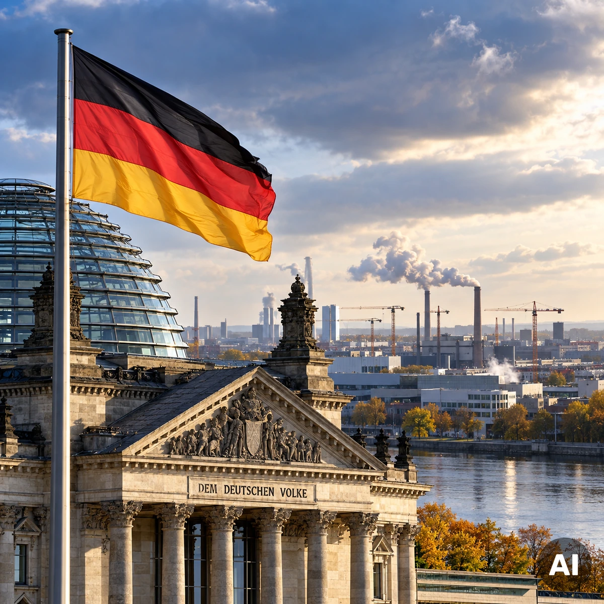 Bürogebäude und Industrieanlagen in Deutschland als Symbol für die wirtschaftlichen Folgen des politischen Reformstillstands