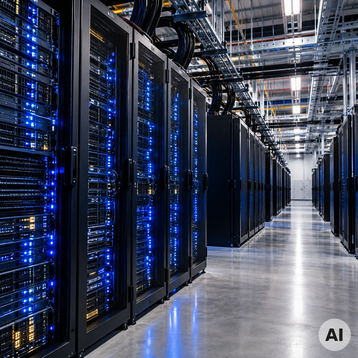 Großes KI-Rechenzentrum mit dicht angeordneten Serveranlagen als Symbol für den milliardenschweren Schuldenboom im Silicon Valley