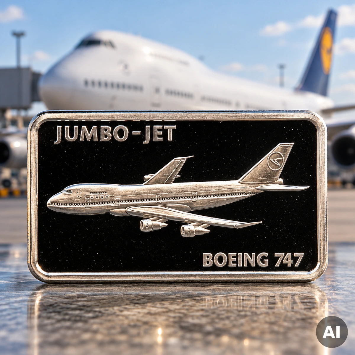1 oz MünzManufaktur Silber-Motivbarren Jumbo Jet Boeing 747 mit Darstellung des legendären vierstrahligen Passagierflugzeugs