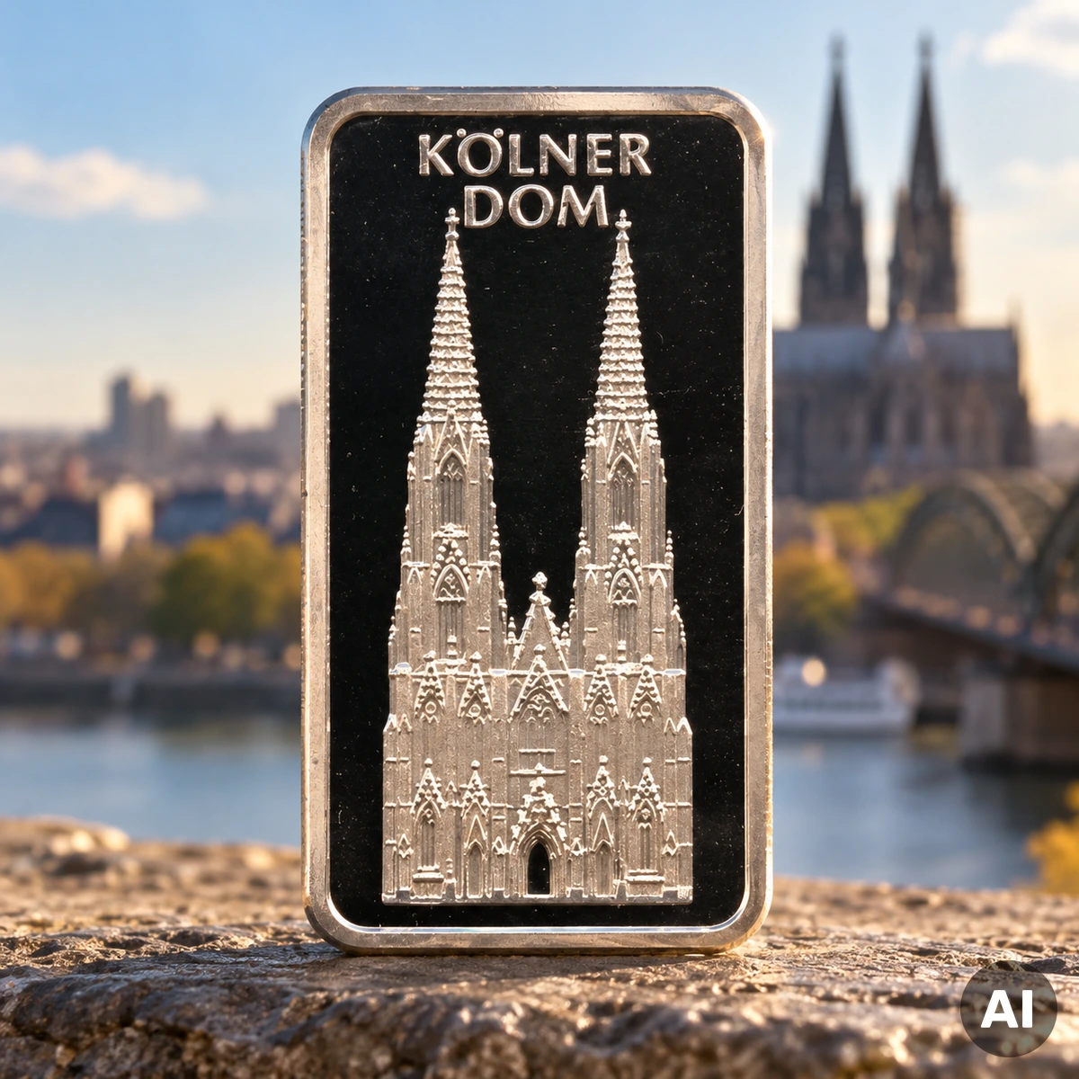 1 oz MünzManufaktur Silber-Motivbarren Kölner Dom mit Darstellung der gotischen Kathedrale