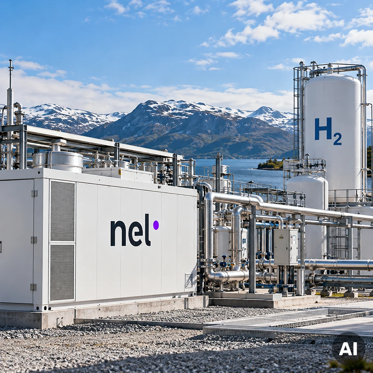 Industrielle Wasserstoff-Elektrolyseanlage mit Rohrleitungen und technischen Produktionsmodulen als Symbol für die geplante Zusammenarbeit zwischen Nel und Rheinmetall