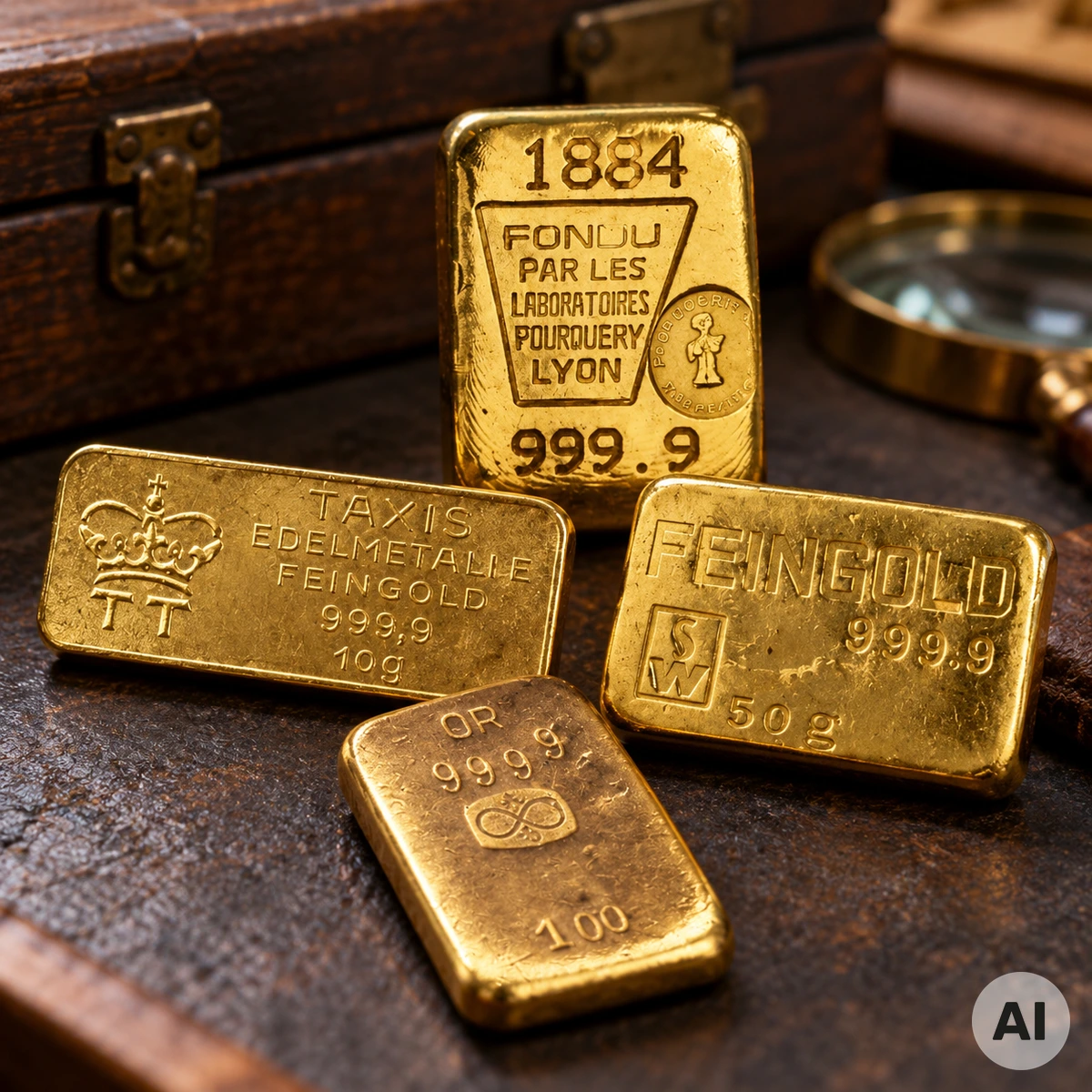 Historischer Goldbarren mit alter Herstellerprägung und deutlich sichtbaren eingeschlagenen Punzen auf einer schlichten dunklen Unterlage