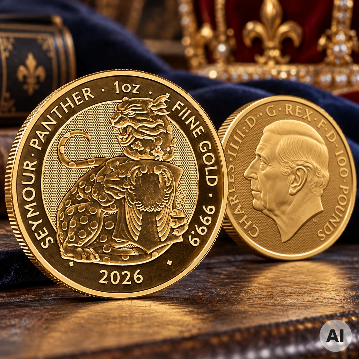 1 oz Goldmünze Royal Tudor Beasts Seymour Panther 2026 mit heraldischem Panther und Wappenschild