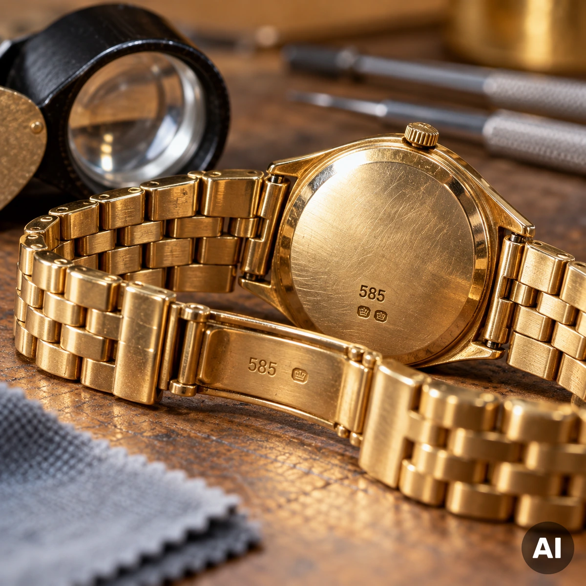 Ältere Armbanduhr mit 585er-Goldgehäuse und goldenem Uhrenarmband auf einer Werkbank zur Prüfung des Goldgehalts