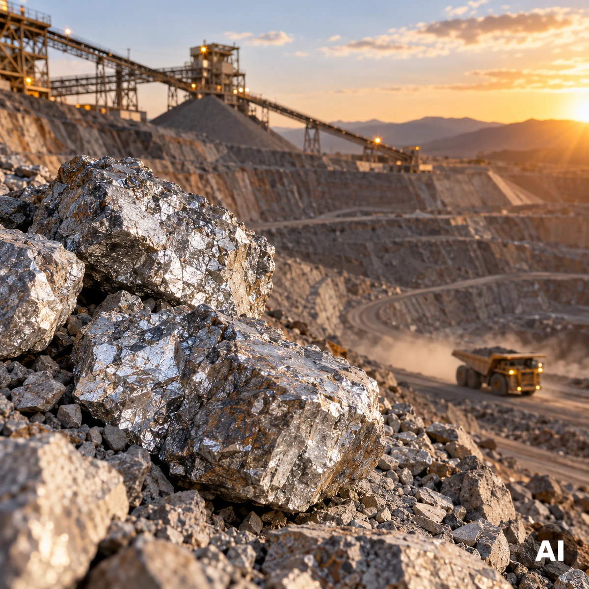 Silberförderung in einem Bergwerk mit abgebautem silberhaltigem Gestein und industrieller Fördertechnik