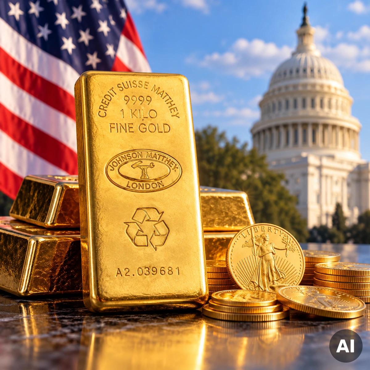 Goldbarren und amerikanische Dollarnoten als Symbol für den Einfluss der US-Inflation und der Federal Reserve auf den Goldpreis