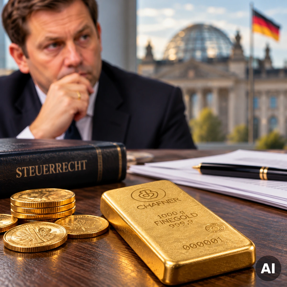 Goldbarren und Goldmünzen im Mittelpunkt der deutschen Steuerdebatte Physische Goldbarren und Goldmünzen als Symbol für die Diskussion über eine mögliche Besteuerung privater Goldgewinne
