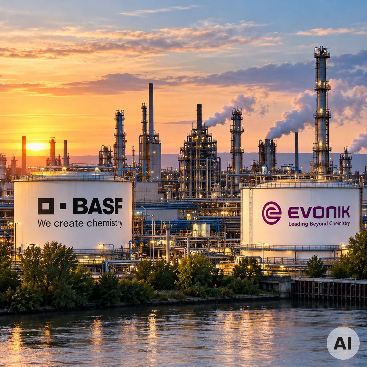 Industrieanlagen der deutschen Chemieindustrie als Symbol für den Übernahmekampf zwischen BASF und Evonik