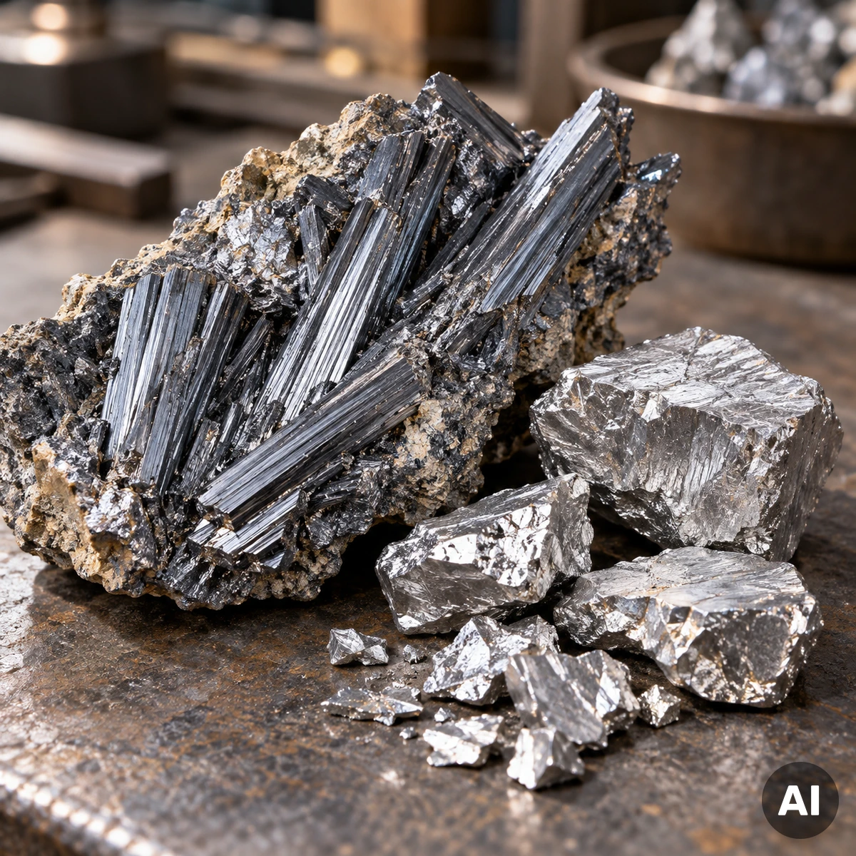 Antimonerz Stibnit und metallische Antimonstücke auf einer Werkbank