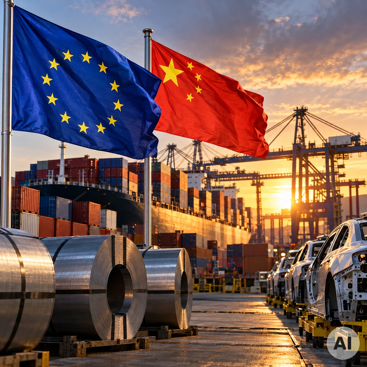 Europäische Industrieanlagen und Containerhandel als Symbol für den zweiten China-Schock und den Wettbewerbsdruck auf die EU-Wirtschaft