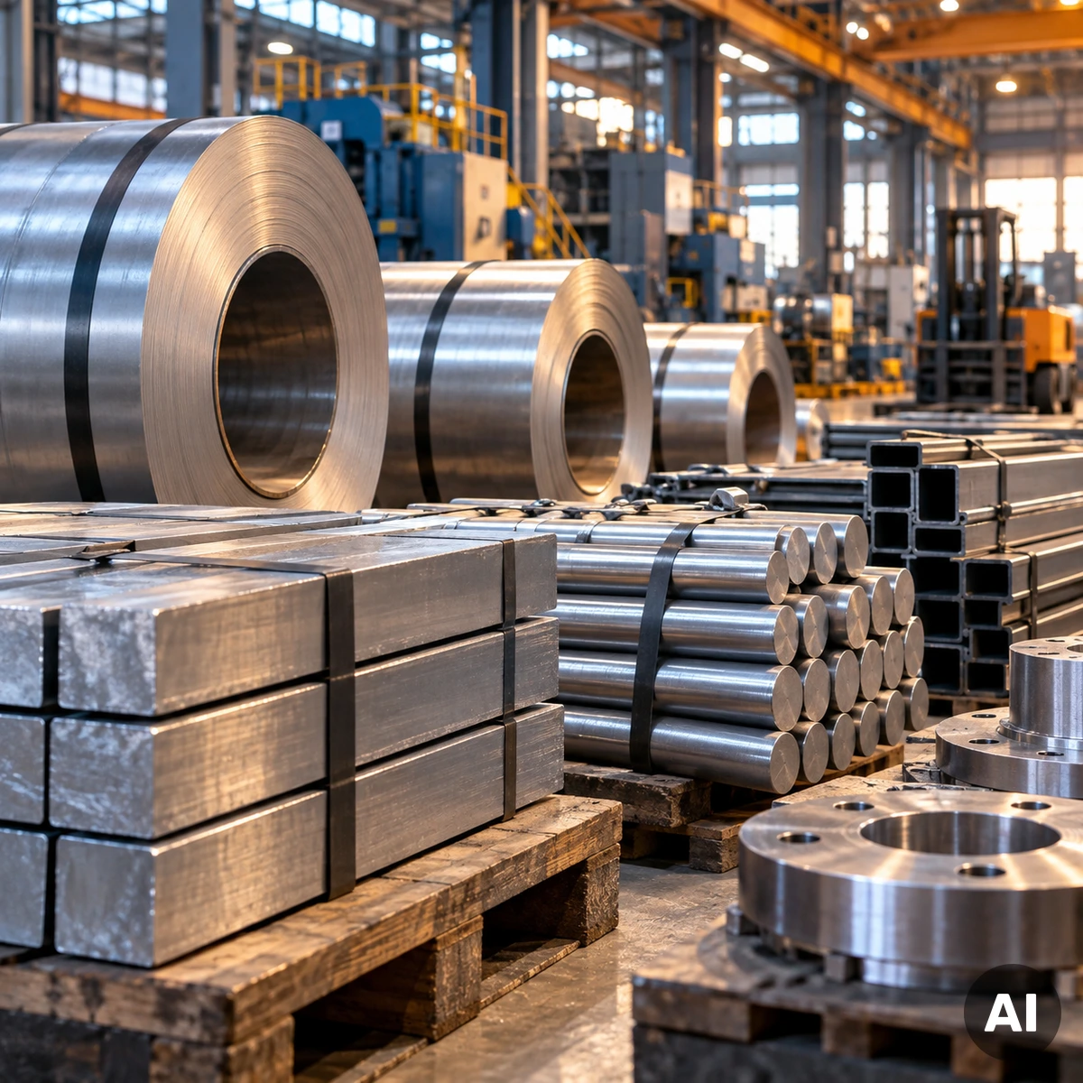 Industriehalle mit Metallhalbzeugen und industriellen Bauteilen als Symbol für steigende Produktionskosten in Deutschland