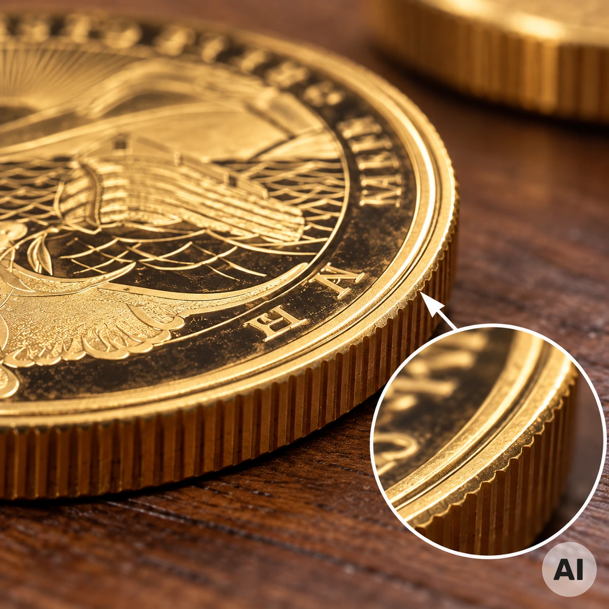 Goldmünze mit sichtbarer Randkerbe und unregelmäßiger Riffelung bei der numismatischen Untersuchung